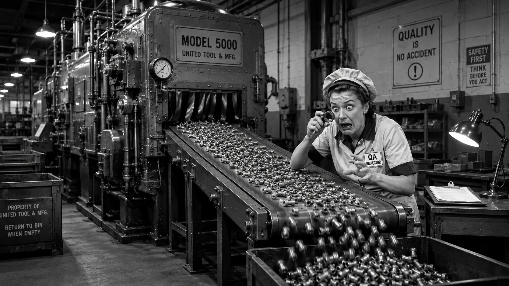 A 1950s QA inspector overwhelmed at the end of a fast-moving conveyor belt, items spilling off the end