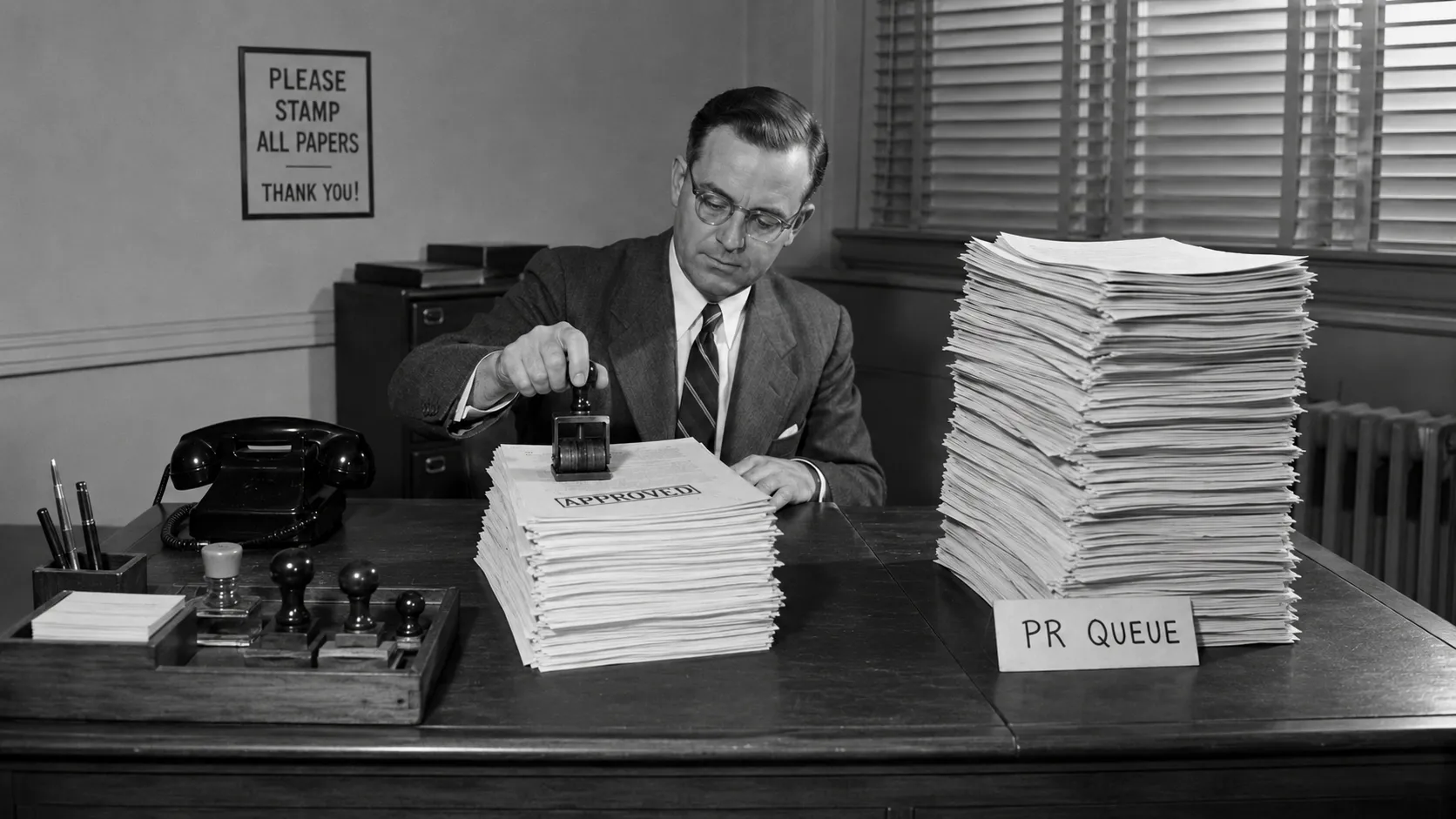 A clerk rubber-stamping a tall stack of documents while an even taller unstamped pile waits